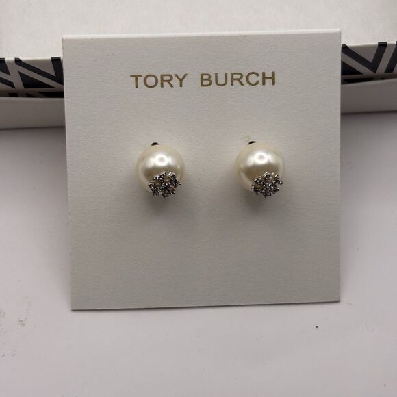 Tory Burch Earrings Kira Pearl Stud Pearl Silver Crystal Dobule T Logo Designer - Picture 2 of 6